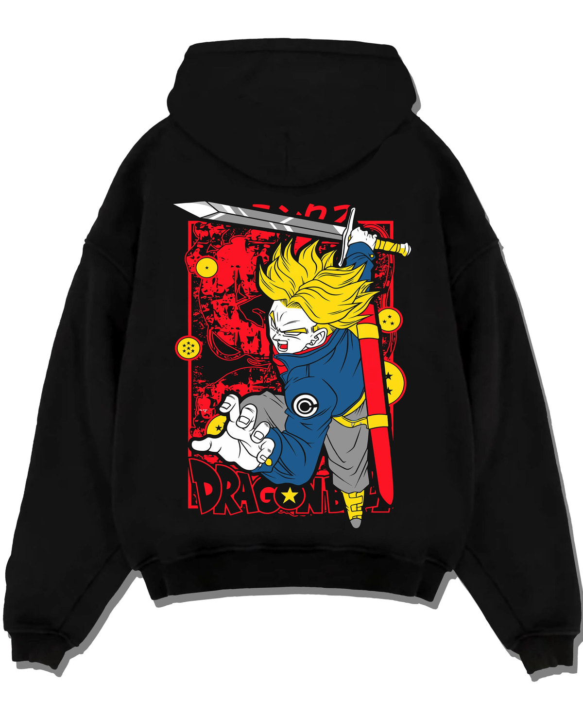 Black hoodie laid flat featuring Future Trunks Super Saiyan Rage Dragon Ball Super artwork.