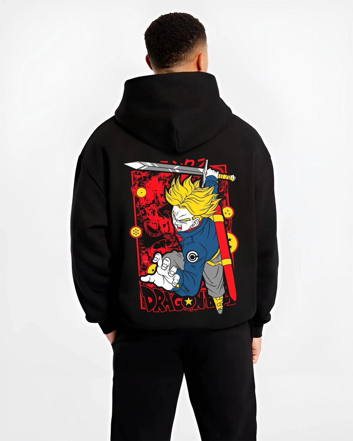 Black hoodie worn by male model from the back featuring Future Trunks Super Saiyan Rage Dragon Ball Super artwork.