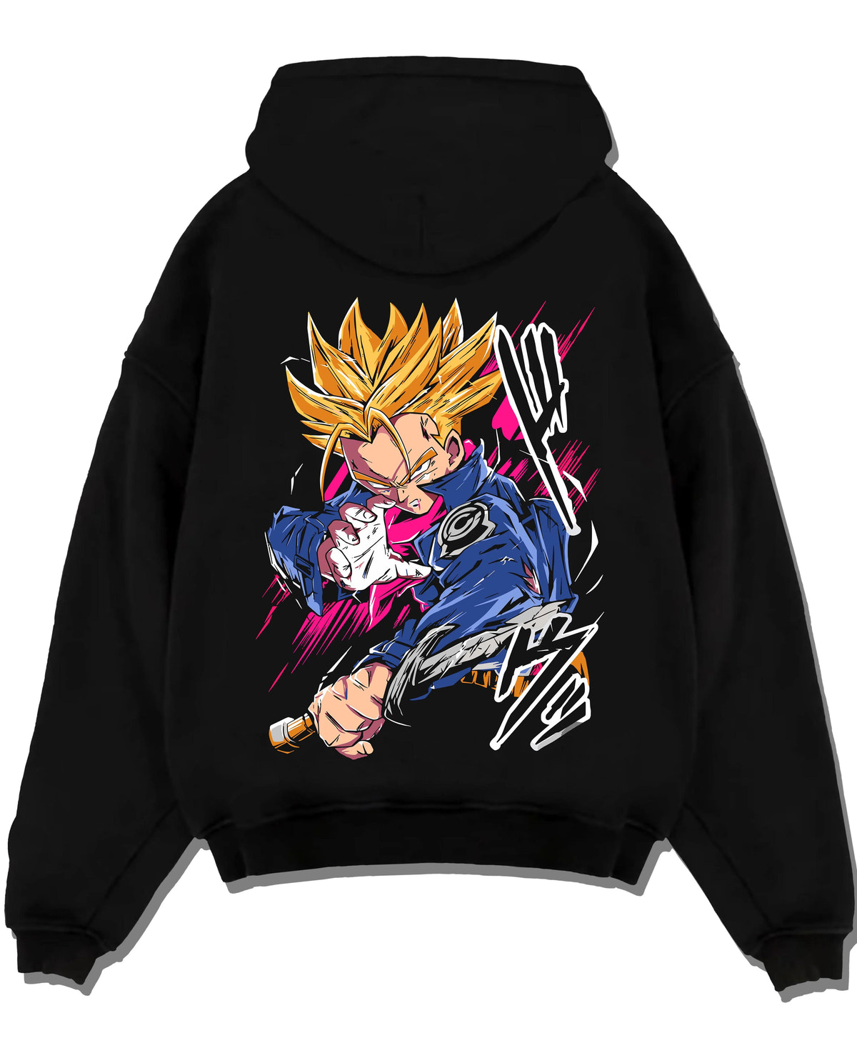 Black hoodie laid flat featuring Future Trunks Super Saiyan sword battle Dragon Ball artwork.