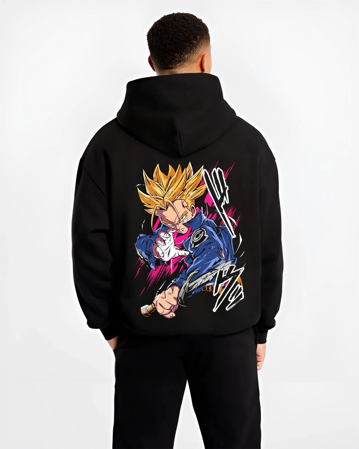 Black hoodie worn by male model from the back featuring Future Trunks Super Saiyan sword battle Dragon Ball artwork.