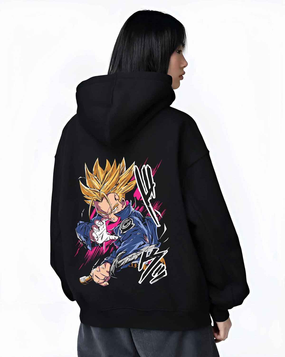 Black hoodie worn by female model from the back featuring Future Trunks Super Saiyan sword battle Dragon Ball artwork.