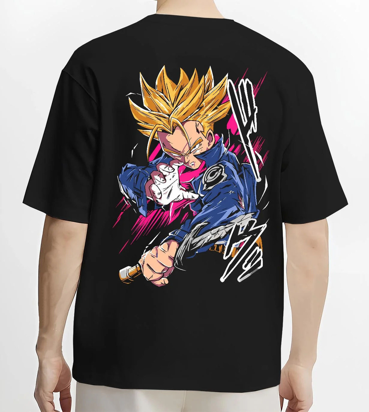 Black T-shirt worn by male model from the back featuring Future Trunks Super Saiyan sword battle Dragon Ball artwork.