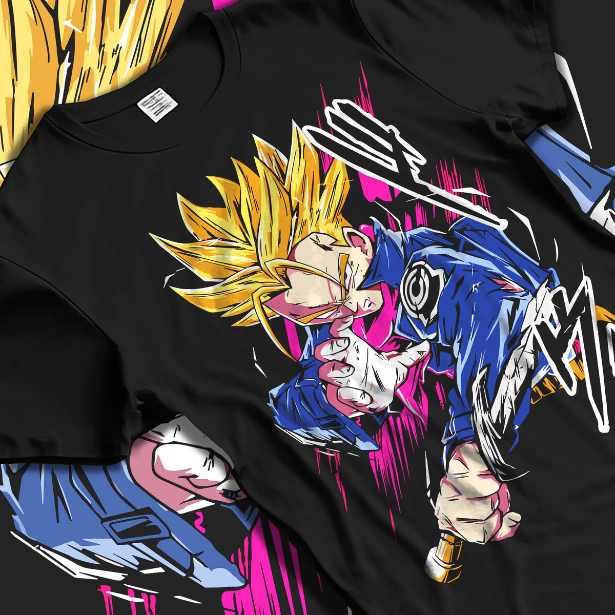 Black T-shirt laid flat with natural folds featuring Future Trunks Super Saiyan sword battle Dragon Ball artwork.