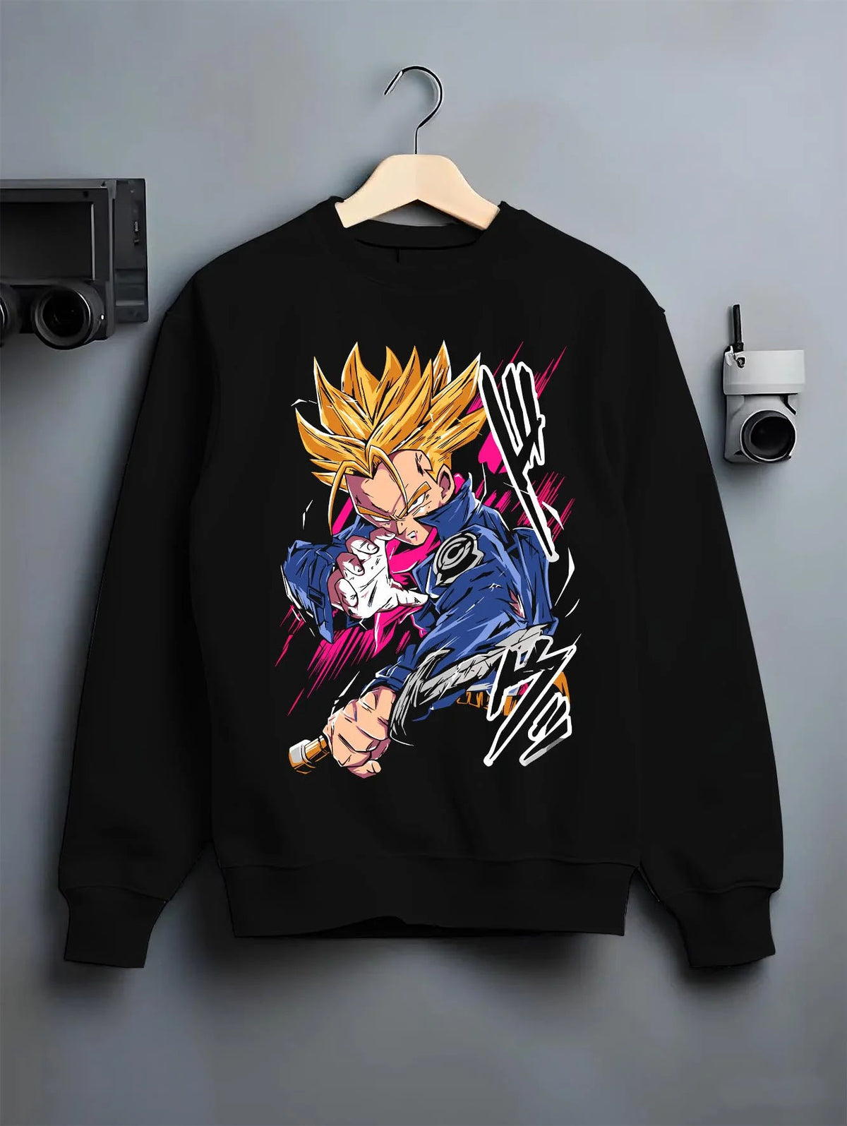 Black crewneck sweatshirt on hanger featuring Future Trunks Super Saiyan sword battle Dragon Ball artwork.