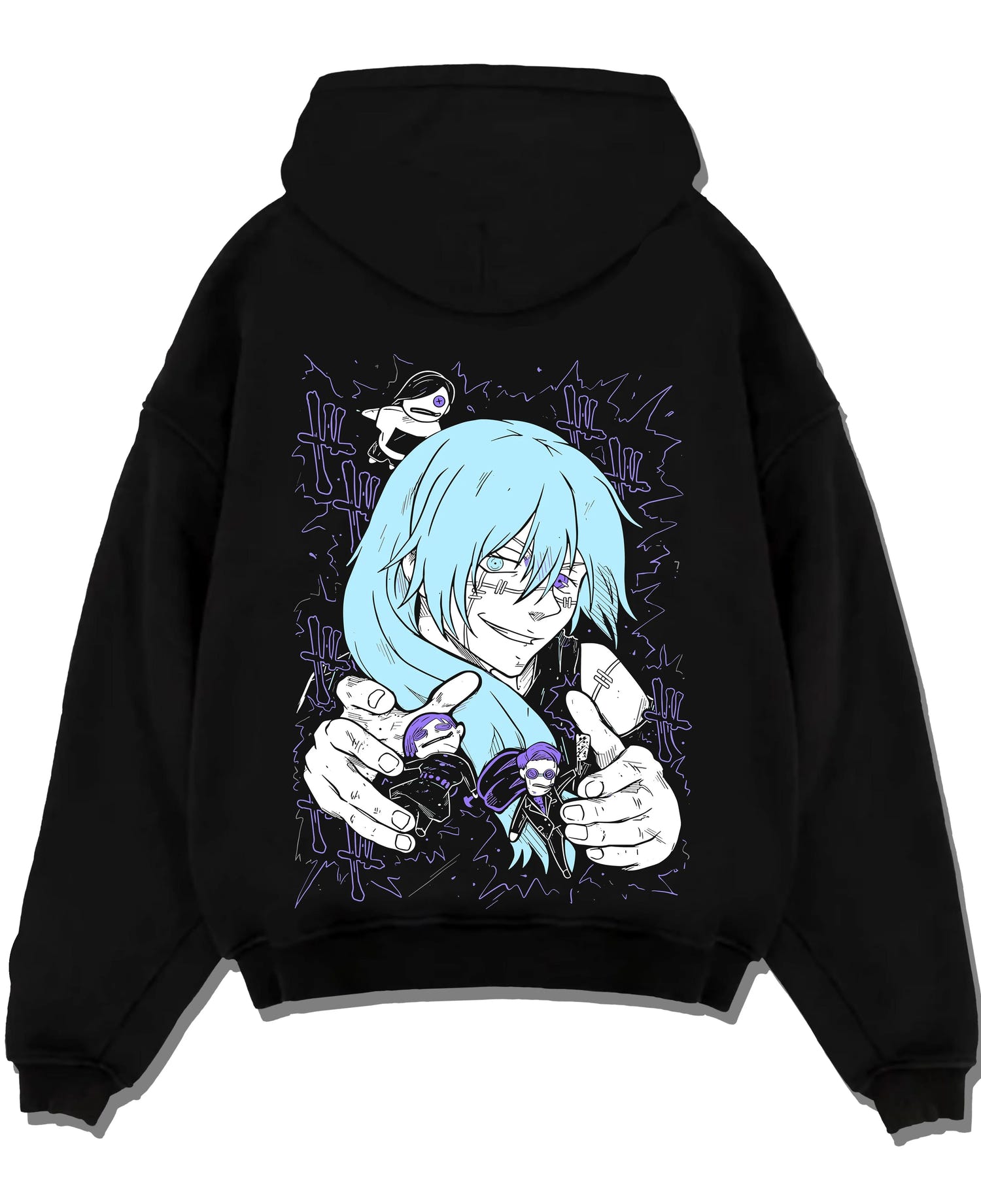 Black pullover hoodie laid flat with Satoru Gojo Hoodie Jujutsu Kaisen Infinity Power graphic bold anime graphic.
