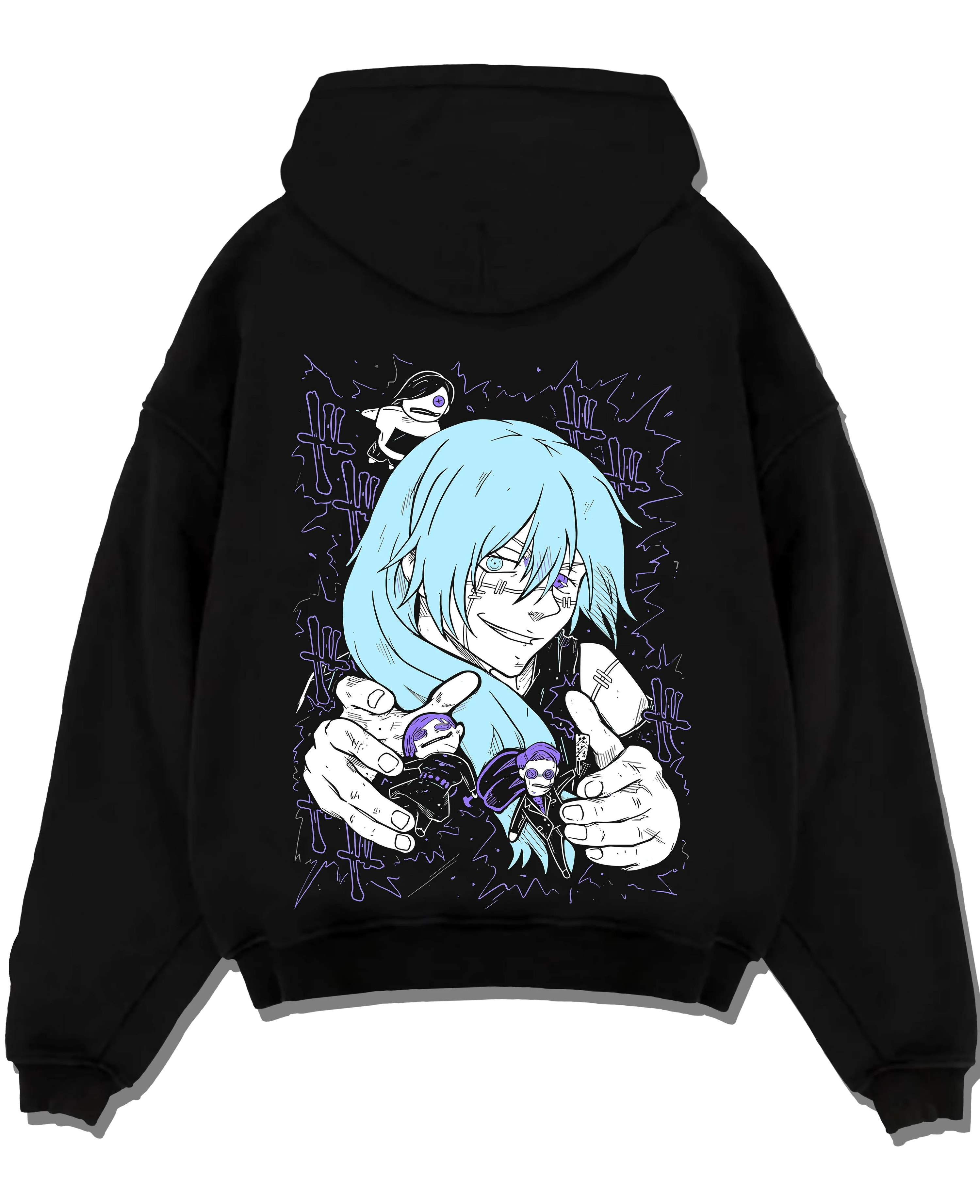 Black pullover hoodie laid flat with Satoru Gojo Hoodie Jujutsu Kaisen Infinity Power graphic bold anime graphic.