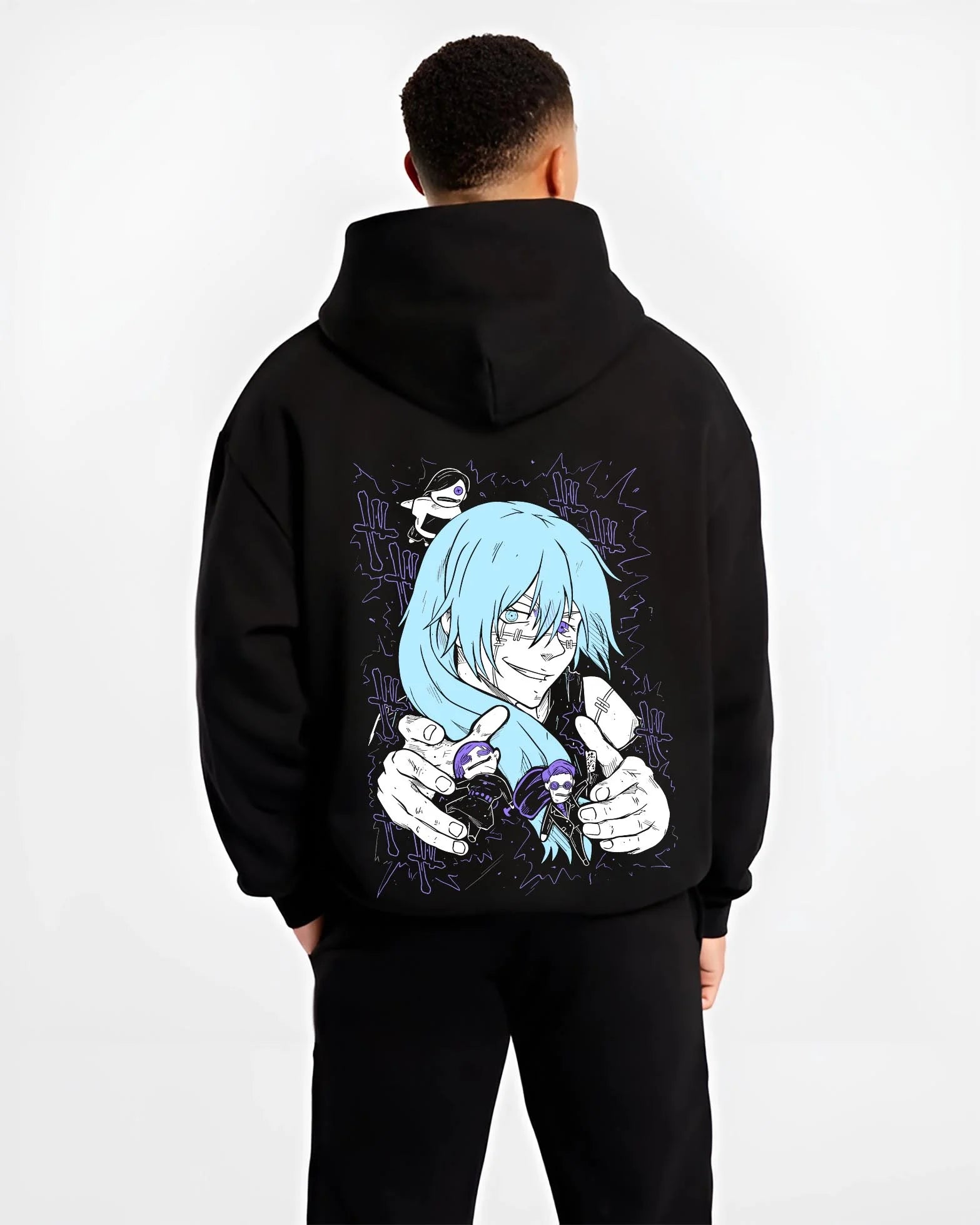 Black hoodie worn by male model, back view with Satoru Gojo Hoodie Jujutsu Kaisen Infinity Power graphic bold anime graphic.