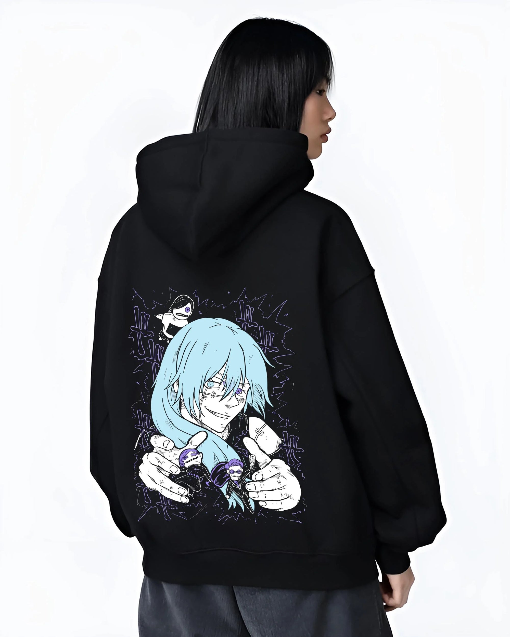 Black hoodie worn by female model, back view with Satoru Gojo Hoodie Jujutsu Kaisen Infinity Power graphic streetwear graphic.