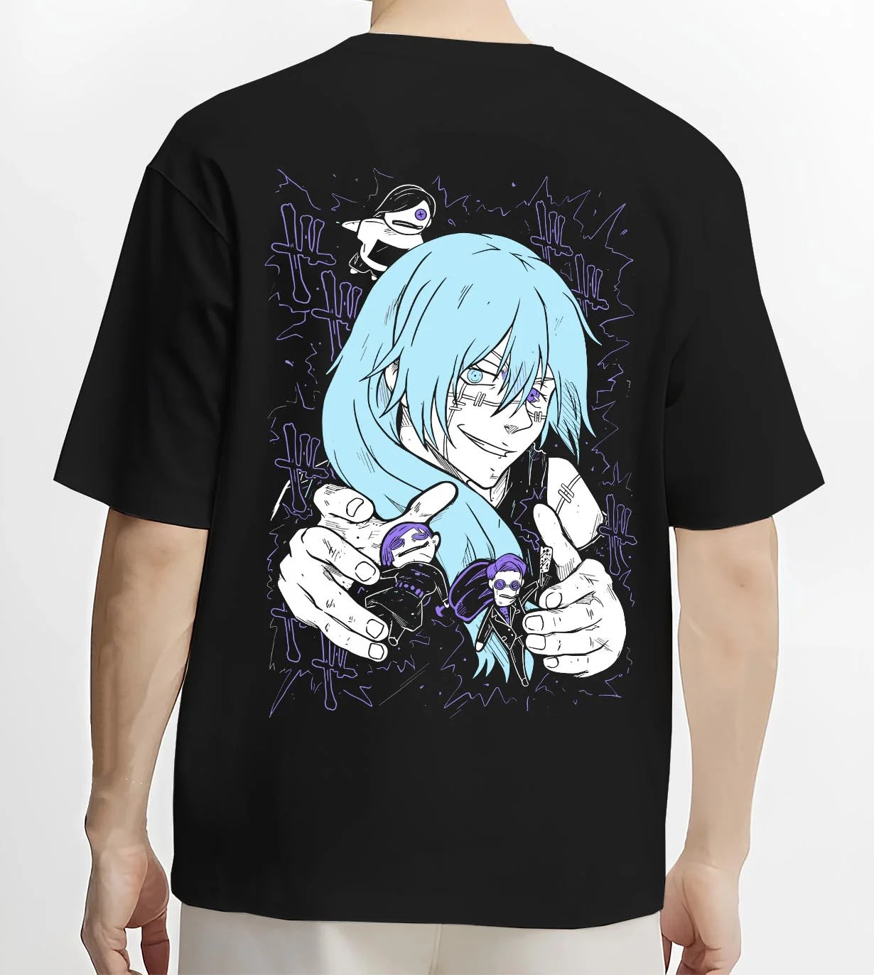 Black T-shirt worn by male model, back view with Satoru Gojo Hoodie Jujutsu Kaisen Infinity Power graphic premium wear.