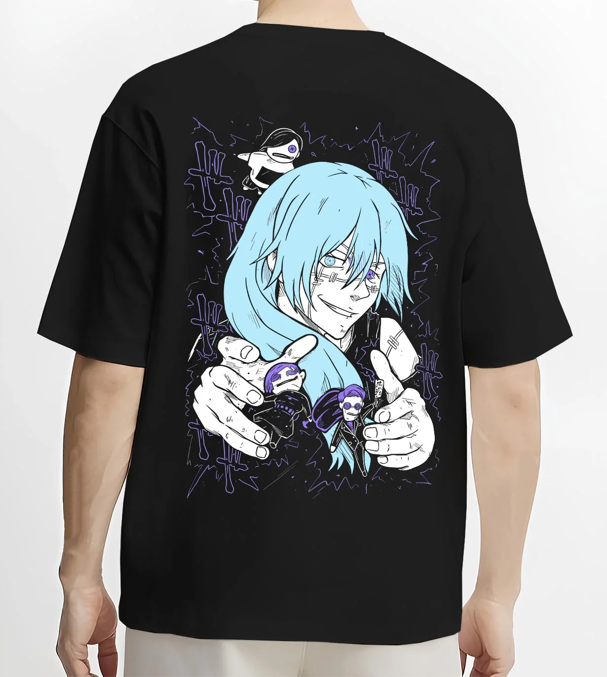 Black T-shirt worn by male model, back view with Satoru Gojo Hoodie Jujutsu Kaisen Infinity Power graphic premium wear.