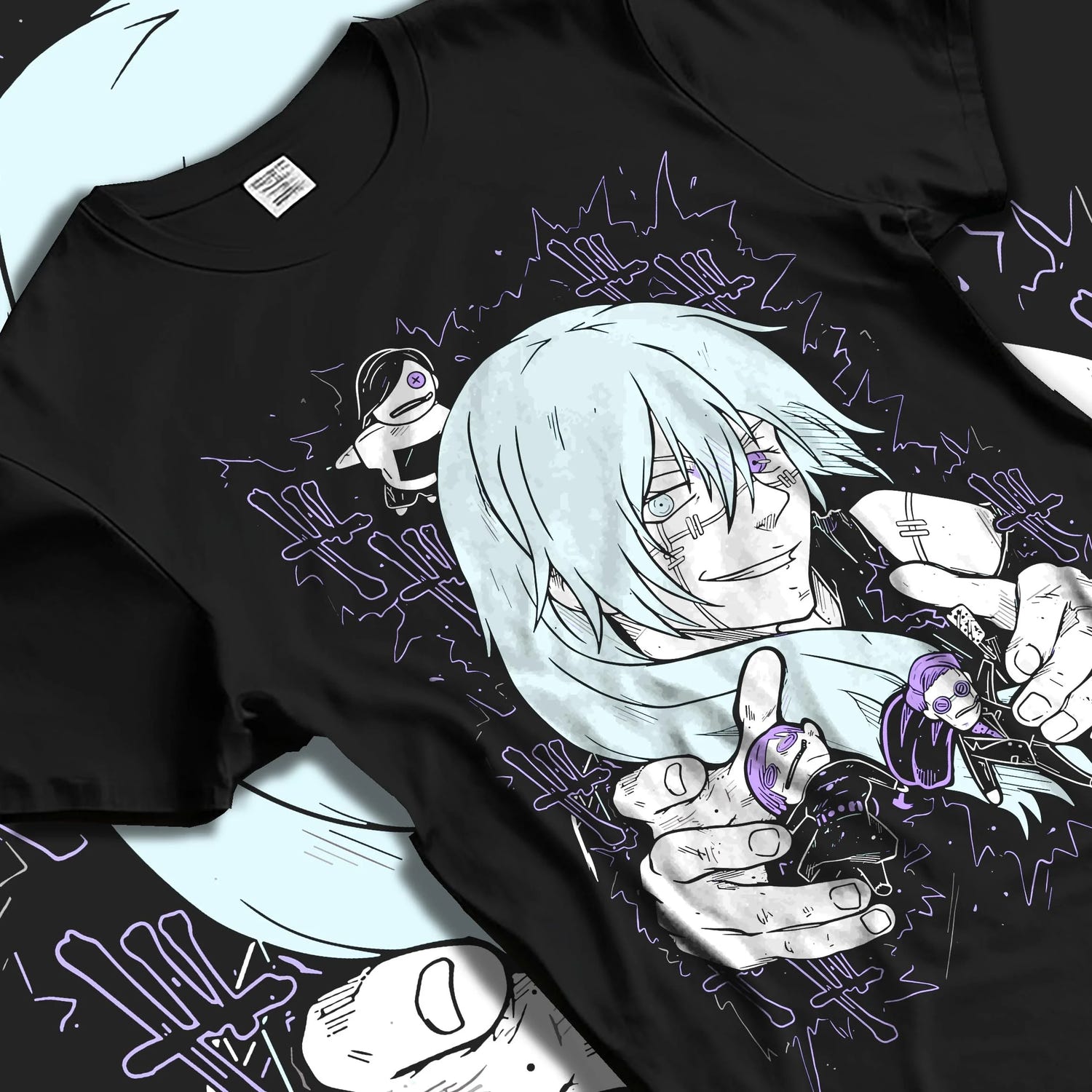 Black T-shirt laid flat with natural folds with Satoru Gojo Hoodie Jujutsu Kaisen Infinity Power graphic bold anime graphic.