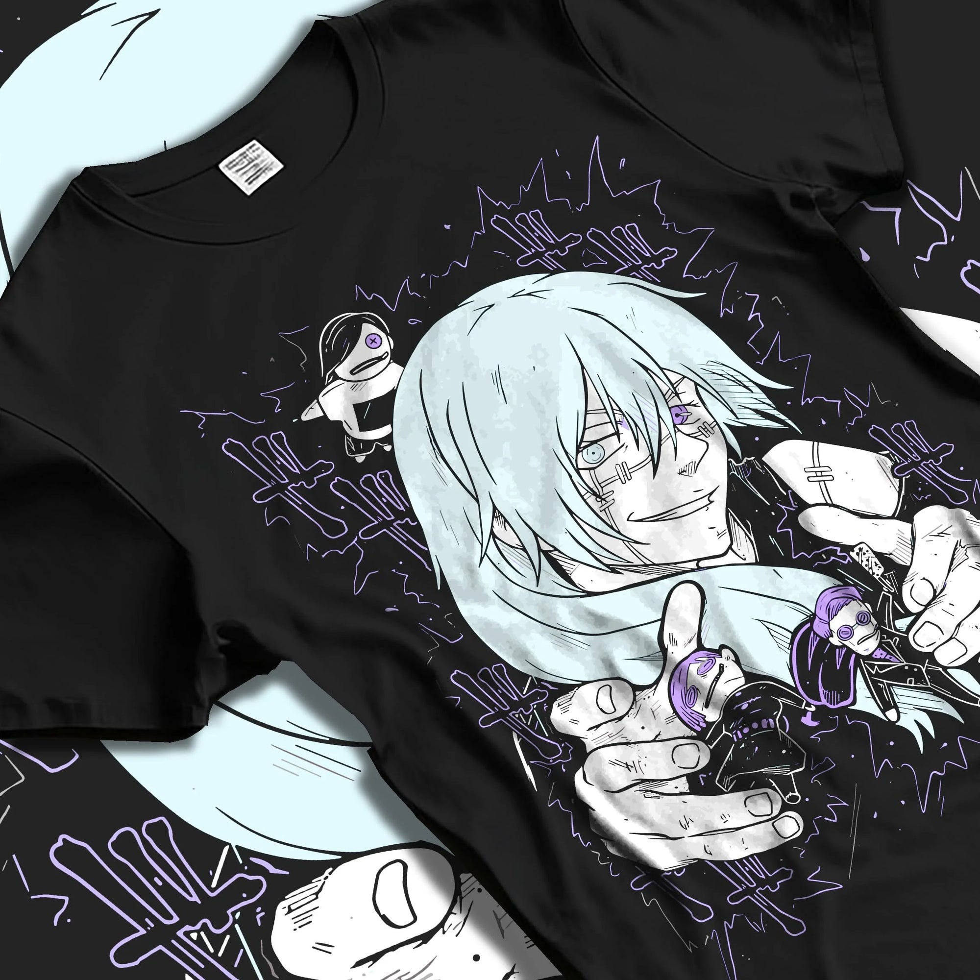 Black T-shirt laid flat with natural folds with Satoru Gojo Hoodie Jujutsu Kaisen Infinity Power graphic bold anime graphic.