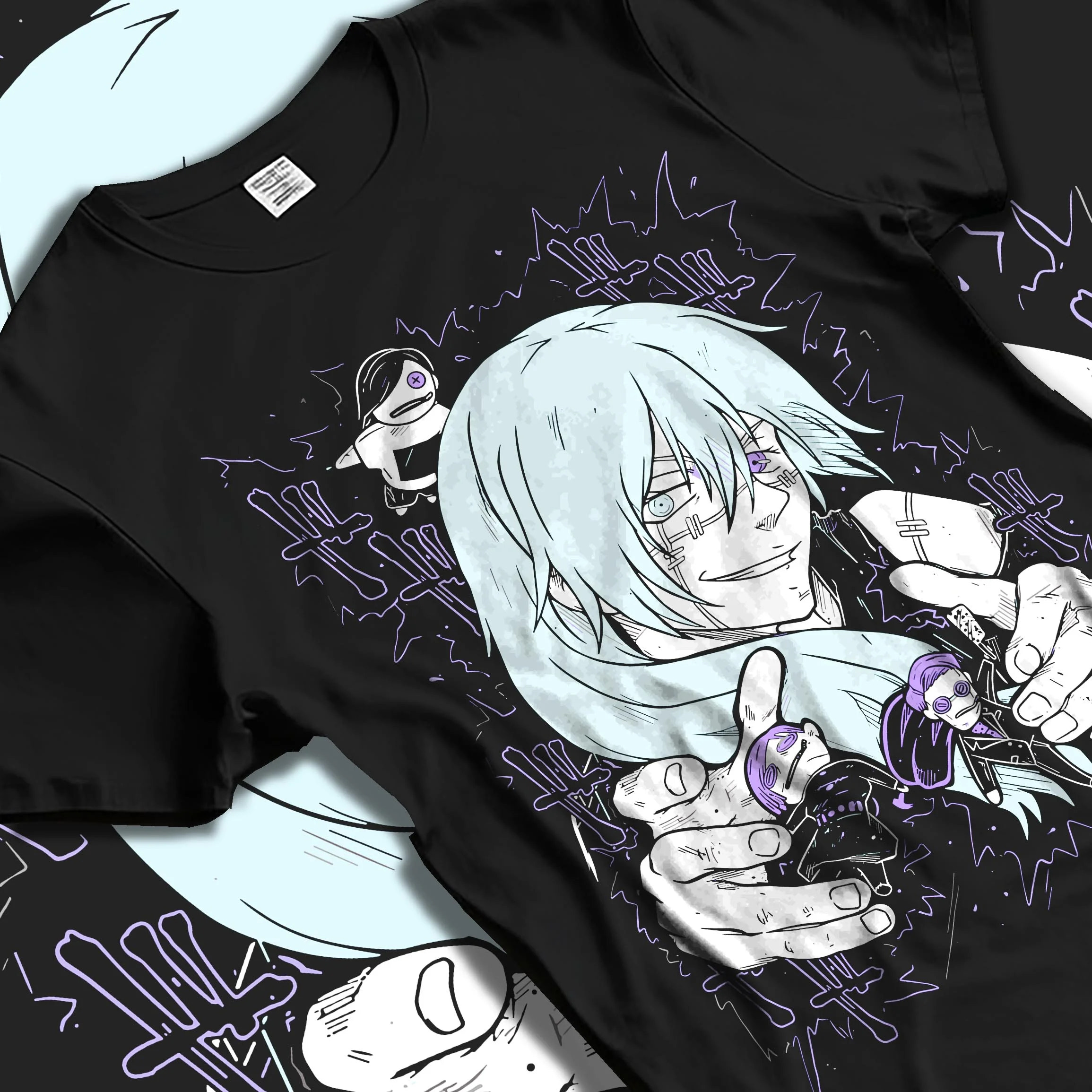 Black T-shirt laid flat with natural folds with Satoru Gojo Hoodie Jujutsu Kaisen Infinity Power graphic bold anime graphic.