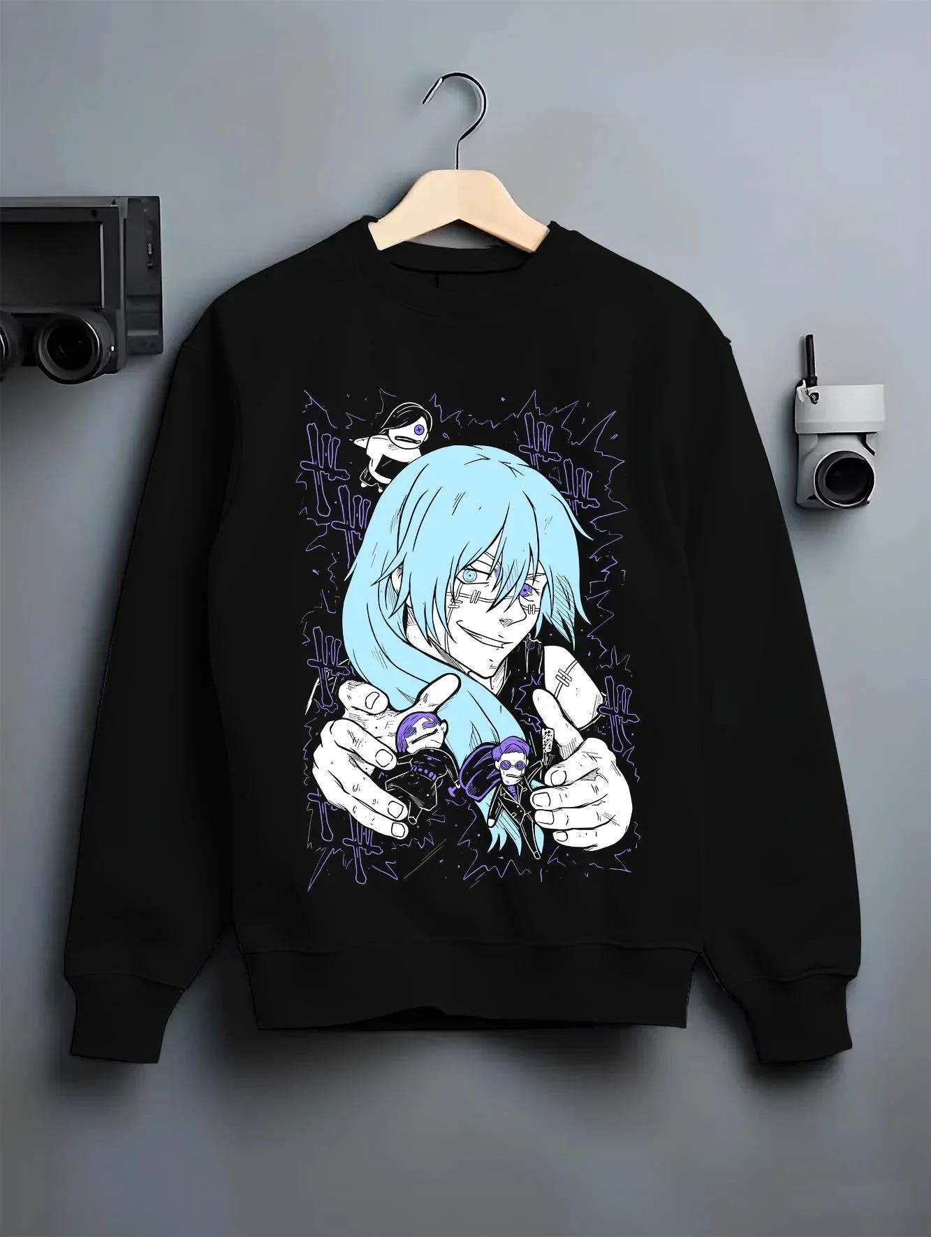 Black crewneck sweatshirt on hanger with Satoru Gojo Hoodie Jujutsu Kaisen Infinity Power graphic streetwear graphic.