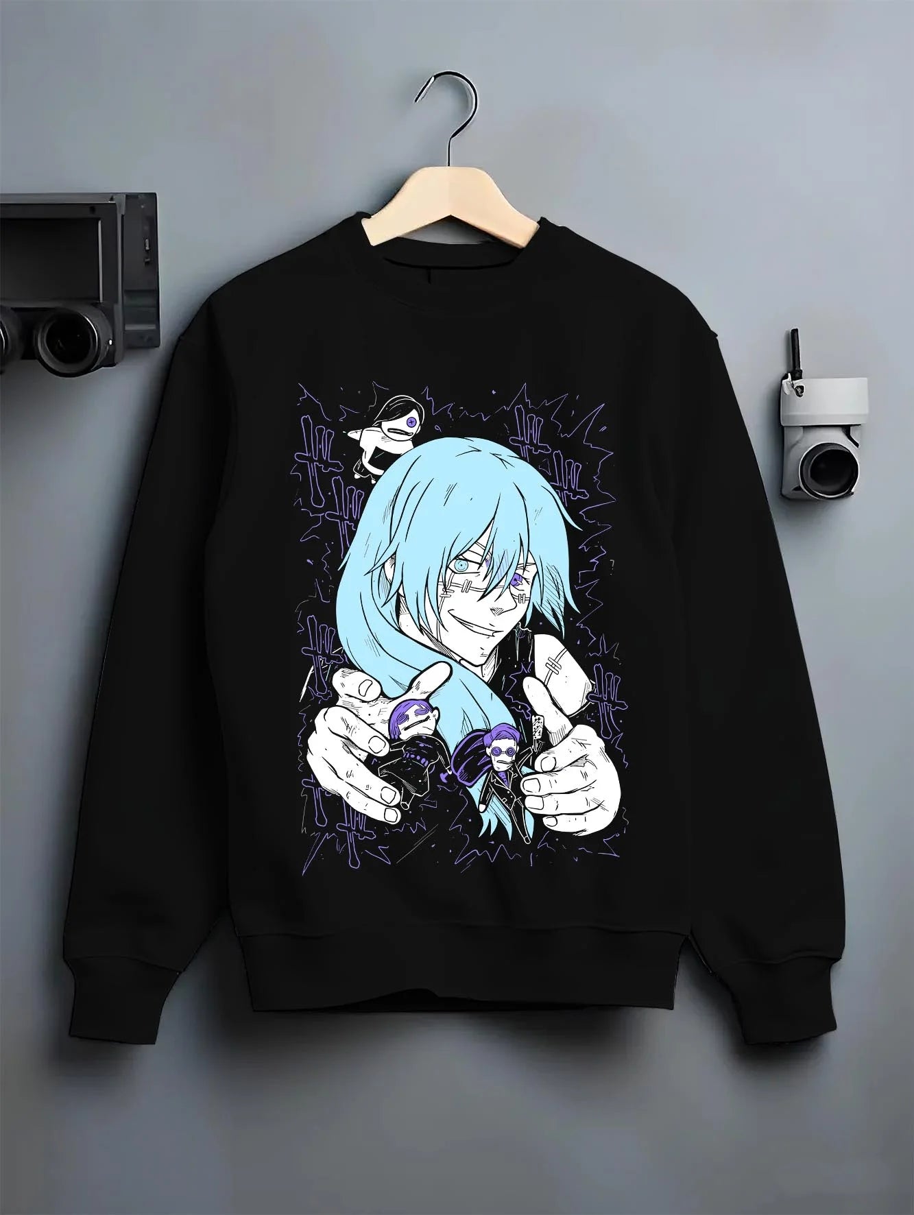 Black crewneck sweatshirt on hanger with Satoru Gojo Hoodie Jujutsu Kaisen Infinity Power graphic streetwear graphic.