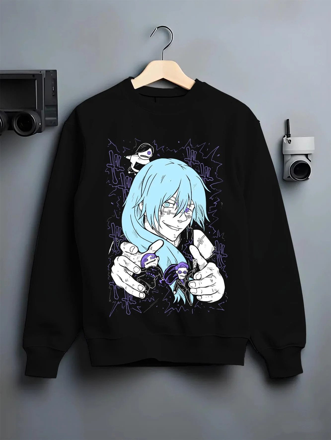 Black crewneck sweatshirt on hanger with Satoru Gojo Hoodie Jujutsu Kaisen Infinity Power graphic streetwear graphic.