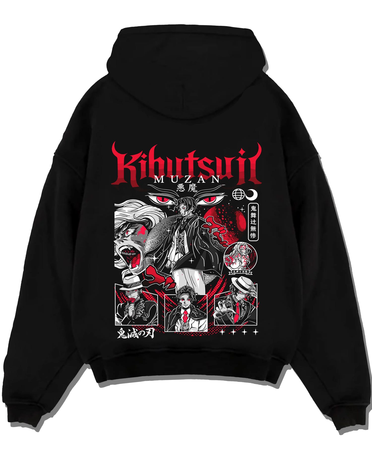 Black pullover hoodie laid flat with Muzan Kibutsuji Hoodie Demon Slayer Villain Form graphic premium wear.