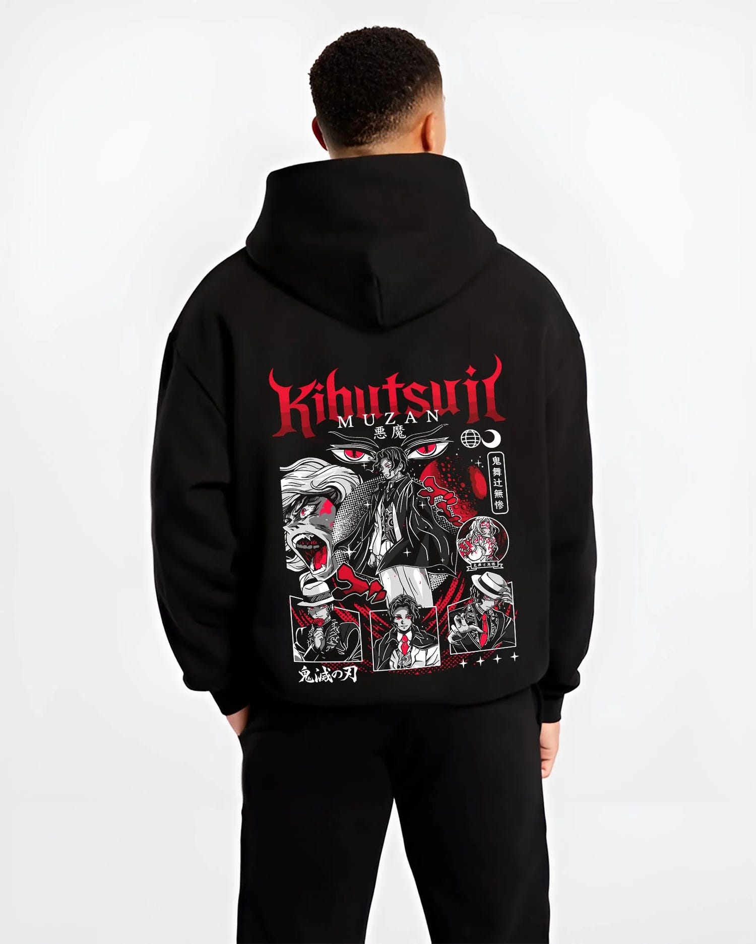 Black hoodie worn by male model, back view with Muzan Kibutsuji Hoodie Demon Slayer Villain Form graphic bold anime graphic.