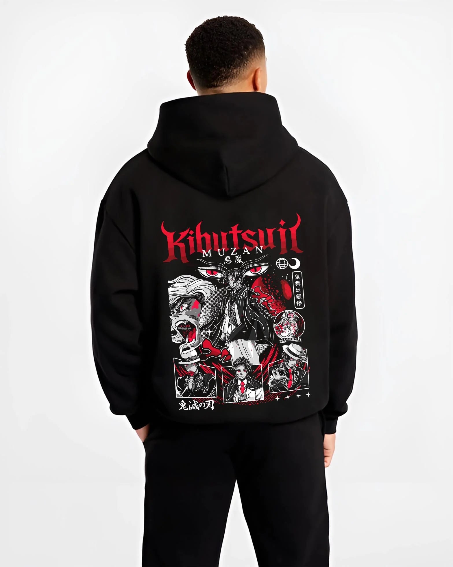 Black hoodie worn by male model, back view with Muzan Kibutsuji Hoodie Demon Slayer Villain Form graphic bold anime graphic.