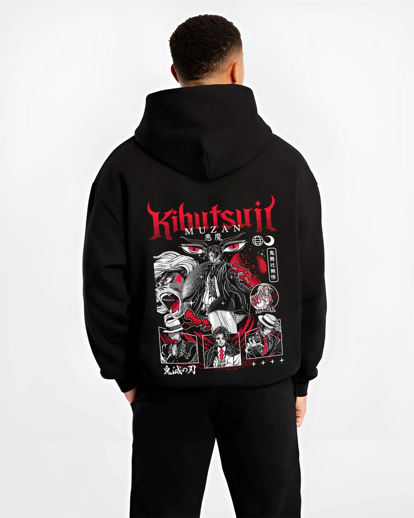 Black hoodie worn by male model, back view with Muzan Kibutsuji Hoodie Demon Slayer Villain Form graphic bold anime graphic.