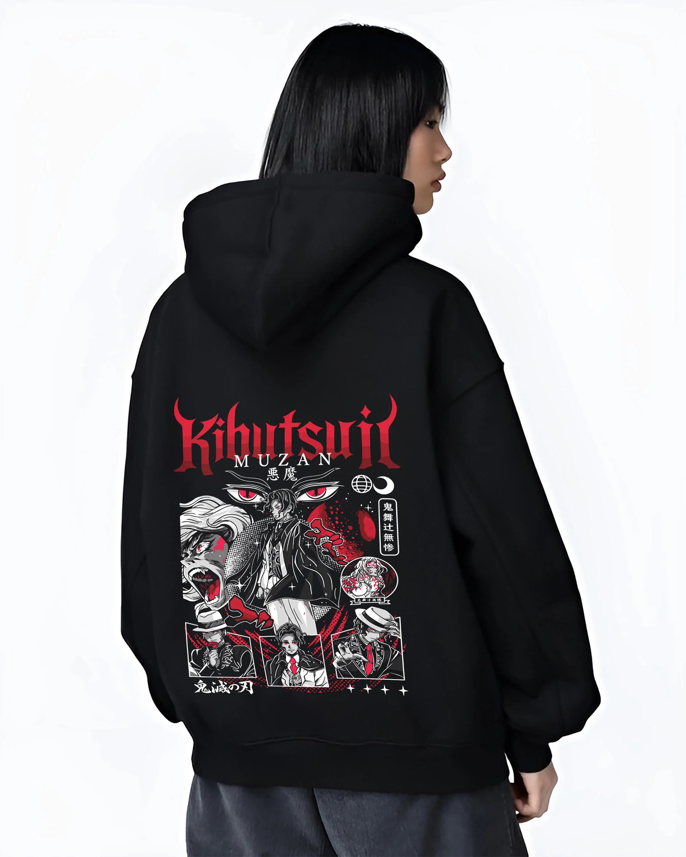 Black hoodie worn by female model, back view with Muzan Kibutsuji Hoodie Demon Slayer Villain Form graphic bold anime graphic.