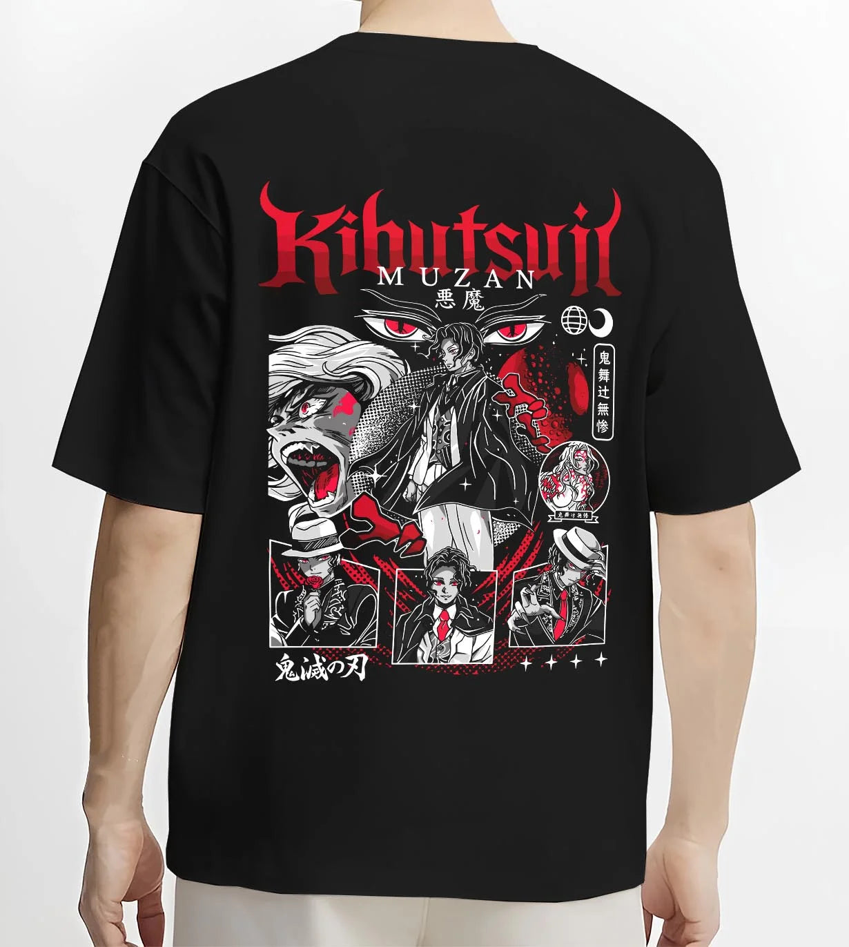 Black T-shirt worn by male model, back view with Muzan Kibutsuji Hoodie Demon Slayer Villain Form graphic premium wear.