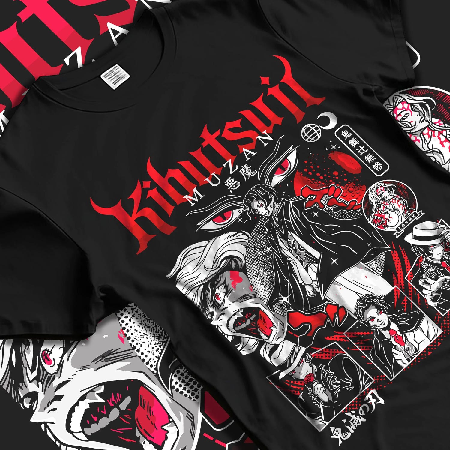 Black T-shirt laid flat with natural folds with Muzan Kibutsuji Hoodie Demon Slayer Villain Form graphic bold anime graphic.