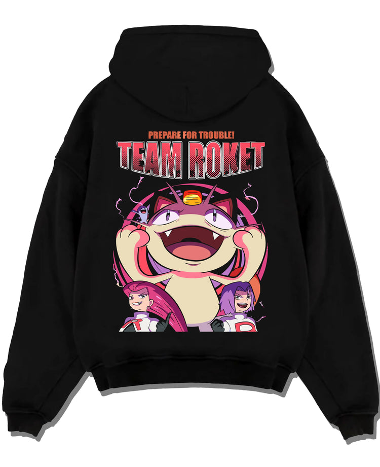 Black pullover hoodie laid flat with Team Rocket Hoodie Pokémon Jessie James Meowth Evil graphic bold anime graphic.