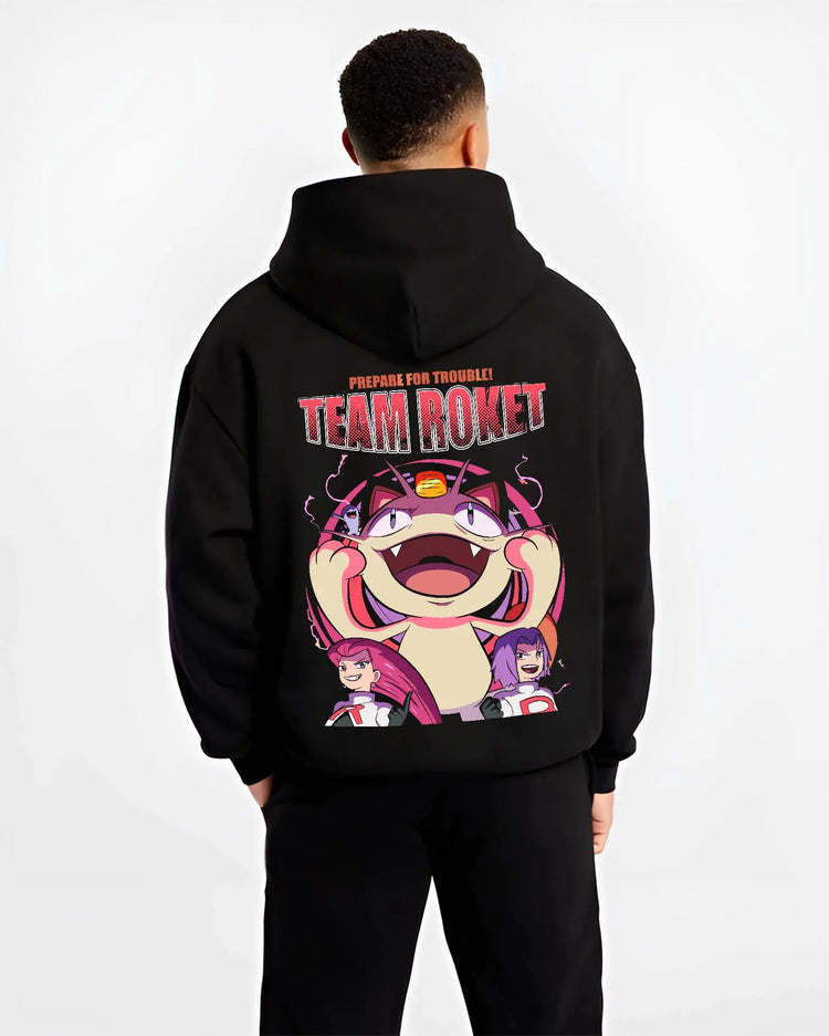 Black hoodie worn by male model, back view with Team Rocket Hoodie Pokémon Jessie James Meowth Evil graphic premium wear.