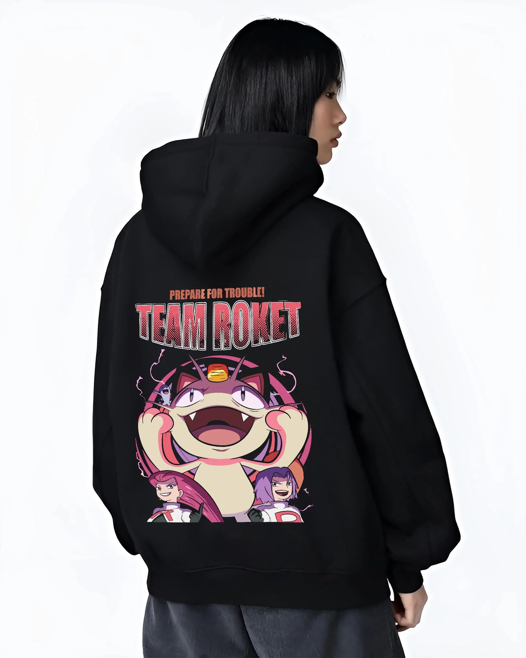Black hoodie worn by female model, back view with Team Rocket Hoodie Pokémon Jessie James Meowth Evil graphic streetwear graphic.