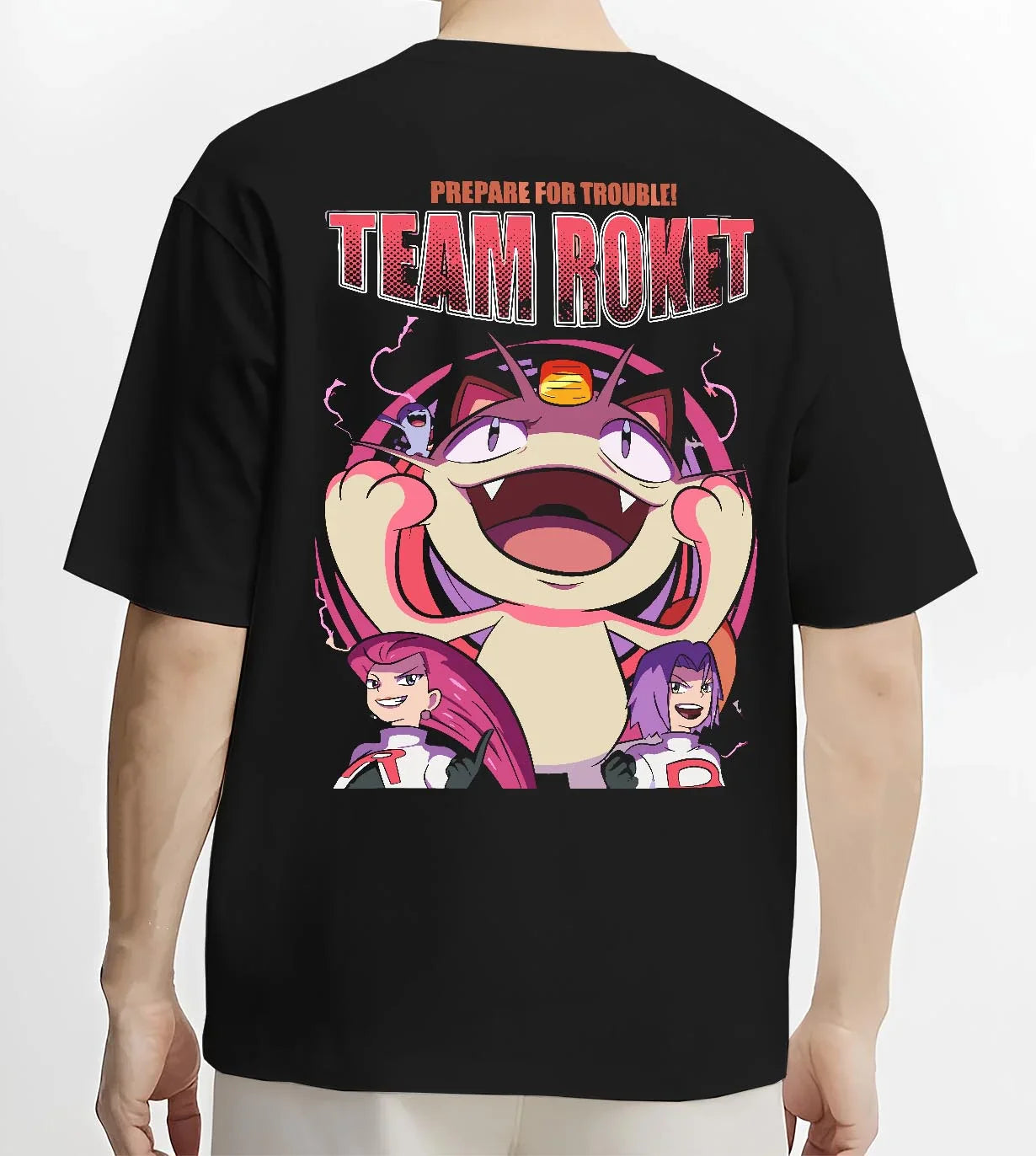 Black T-shirt worn by male model, back view with Team Rocket Hoodie Pokémon Jessie James Meowth Evil graphic streetwear graphic.