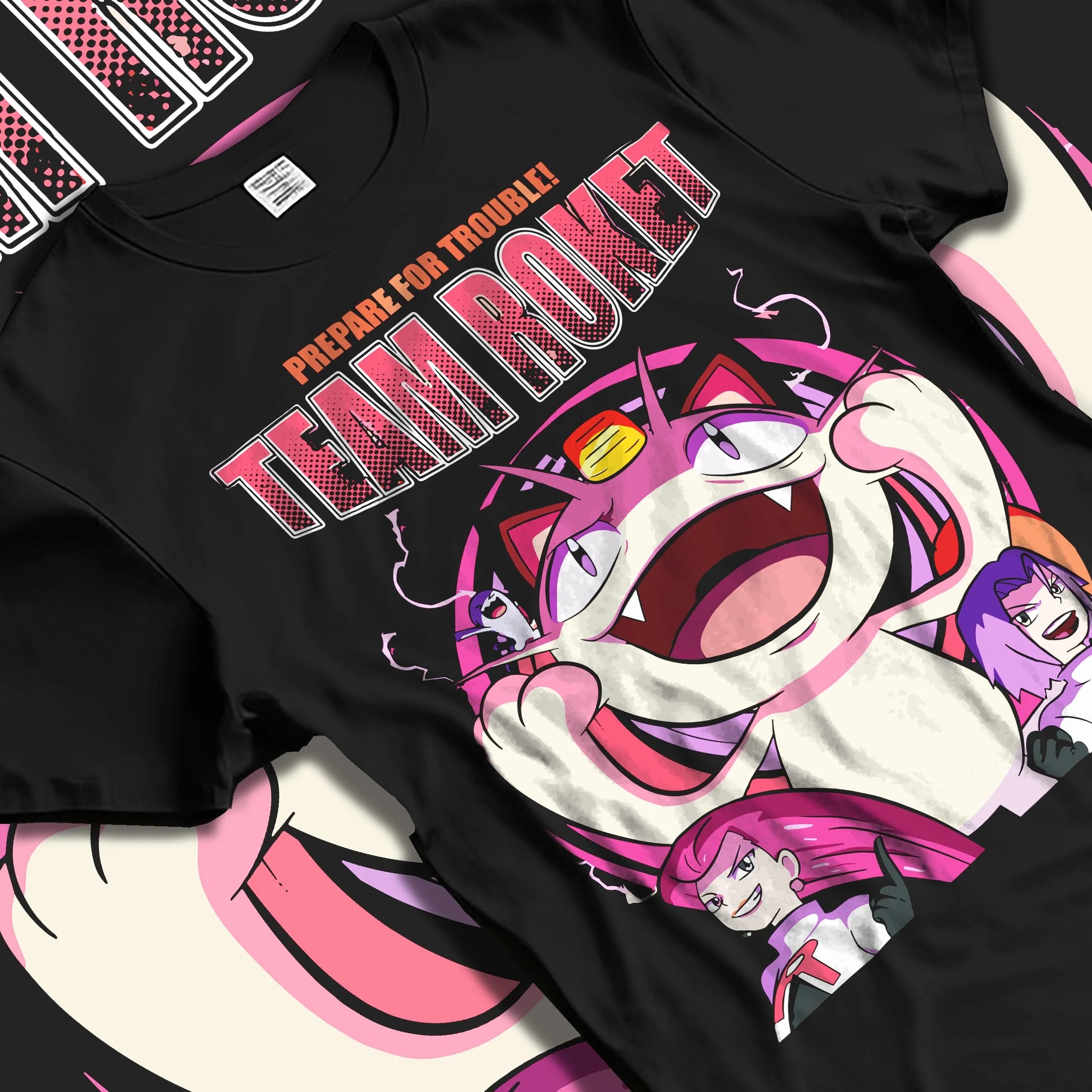 Black T-shirt laid flat with natural folds with Team Rocket Hoodie Pokémon Jessie James Meowth Evil graphic bold anime graphic.