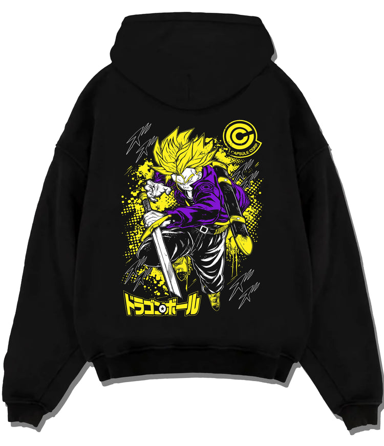 Black hoodie flat back view showing Future Trunks from Dragon Ball: Super Saiyan sword pose
