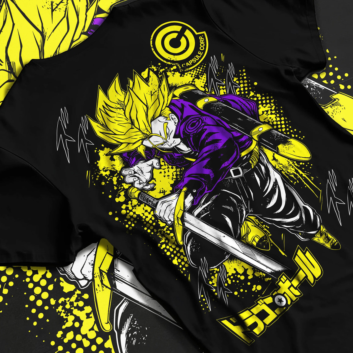 Black T-shirt flat back view showing Future Trunks from Dragon Ball: Super Saiyan sword pose