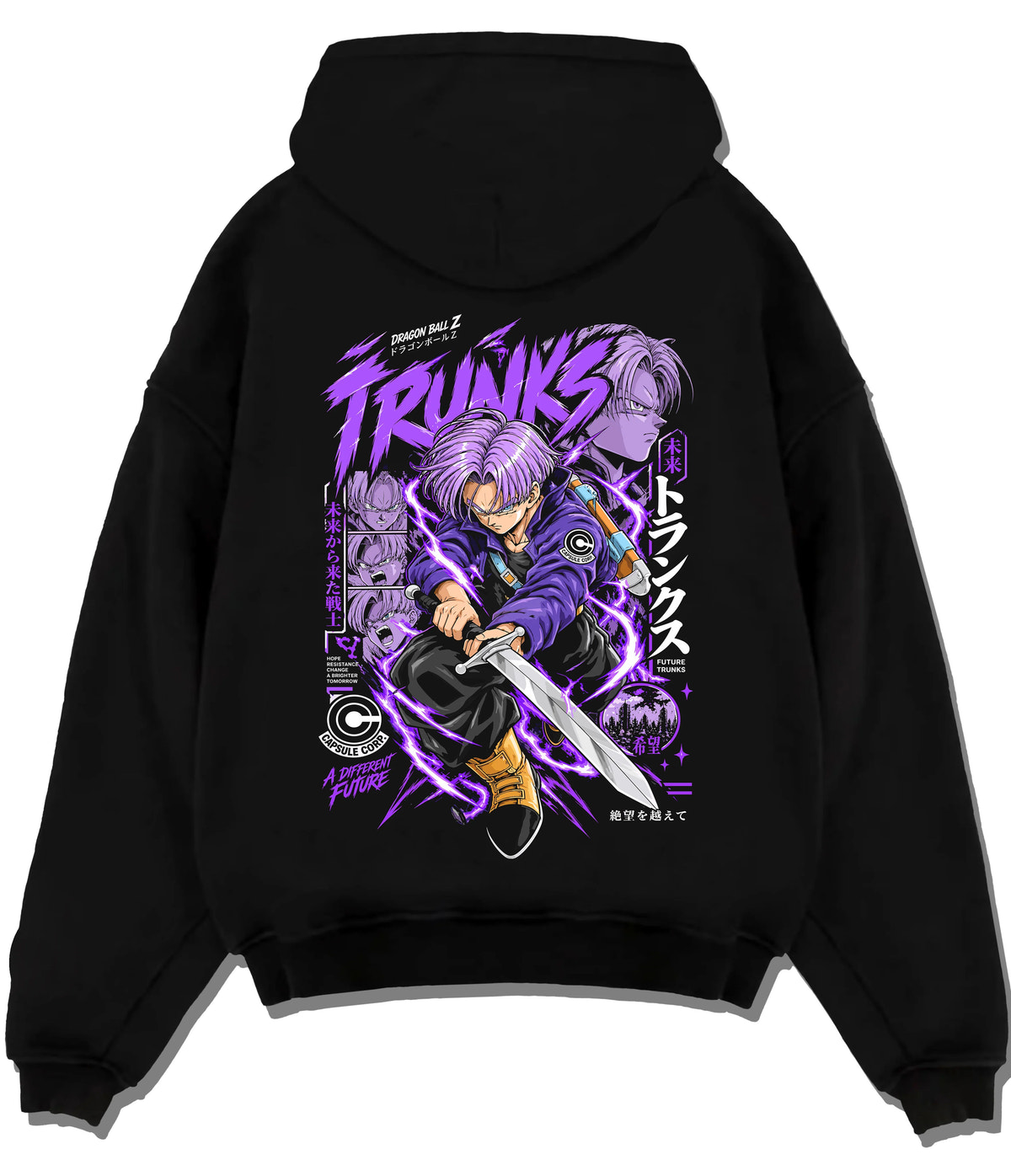 Black hoodie flat back view showing Future Trunks from Dragon Ball: sword action purple portrait