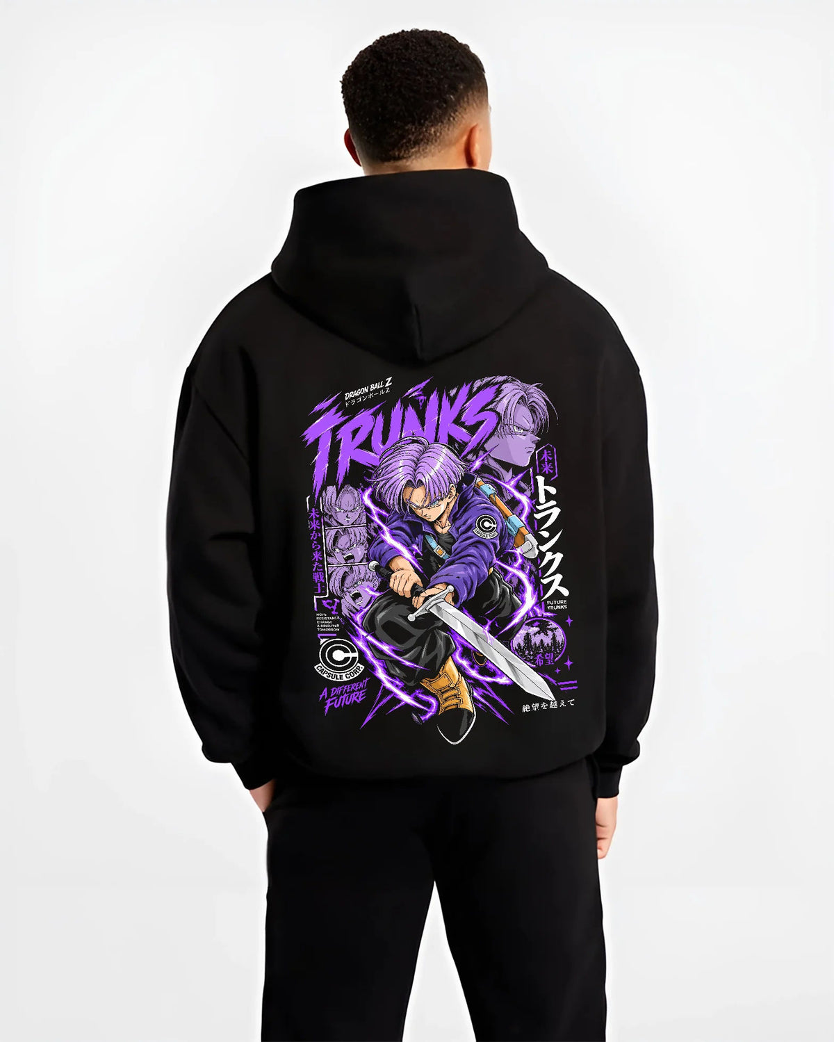 Black hoodie model back view showing Future Trunks from Dragon Ball: sword action purple portrait