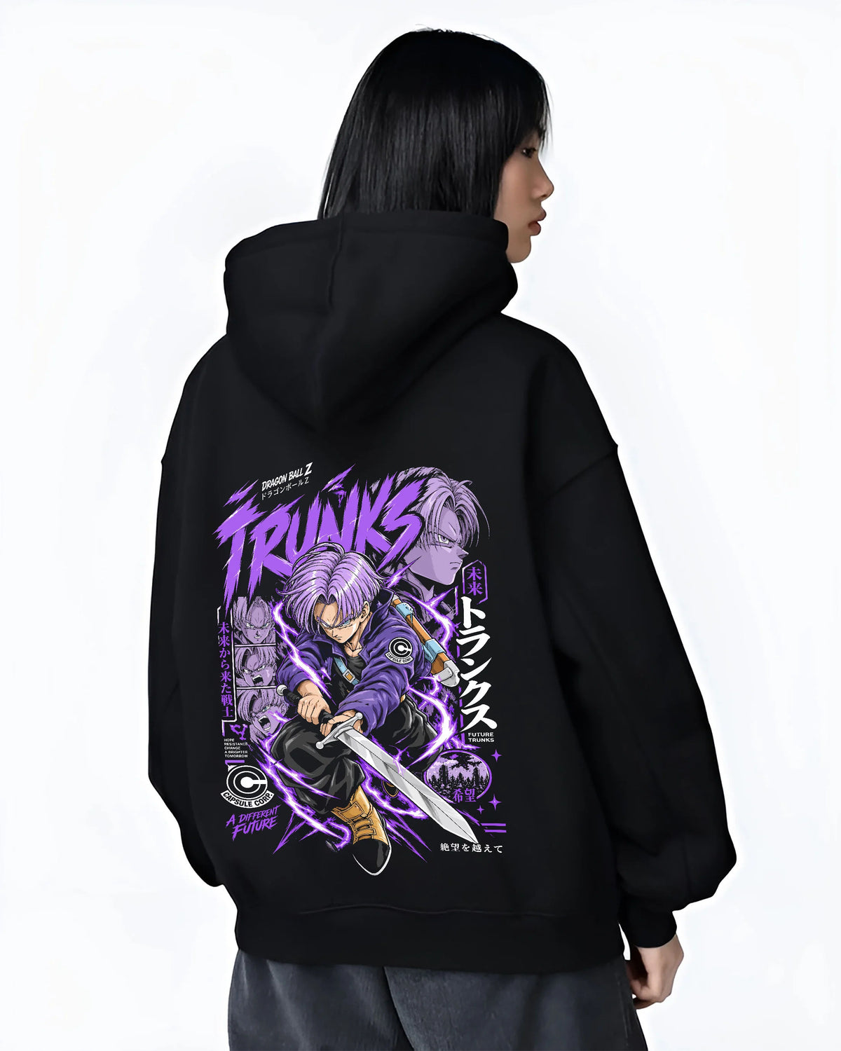 Black hoodie female model back view showing Future Trunks from Dragon Ball: sword action purple portrait