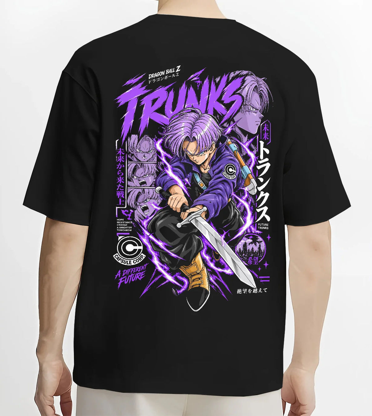 Black T-shirt model back view showing Future Trunks from Dragon Ball: sword action purple portrait