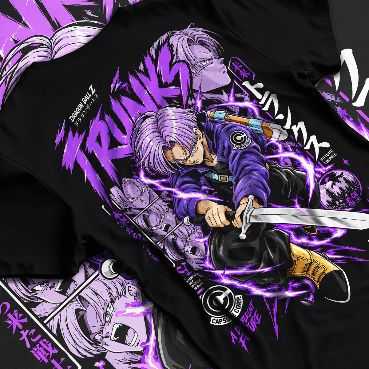 Black T-shirt flat back view showing Future Trunks from Dragon Ball: sword action purple portrait