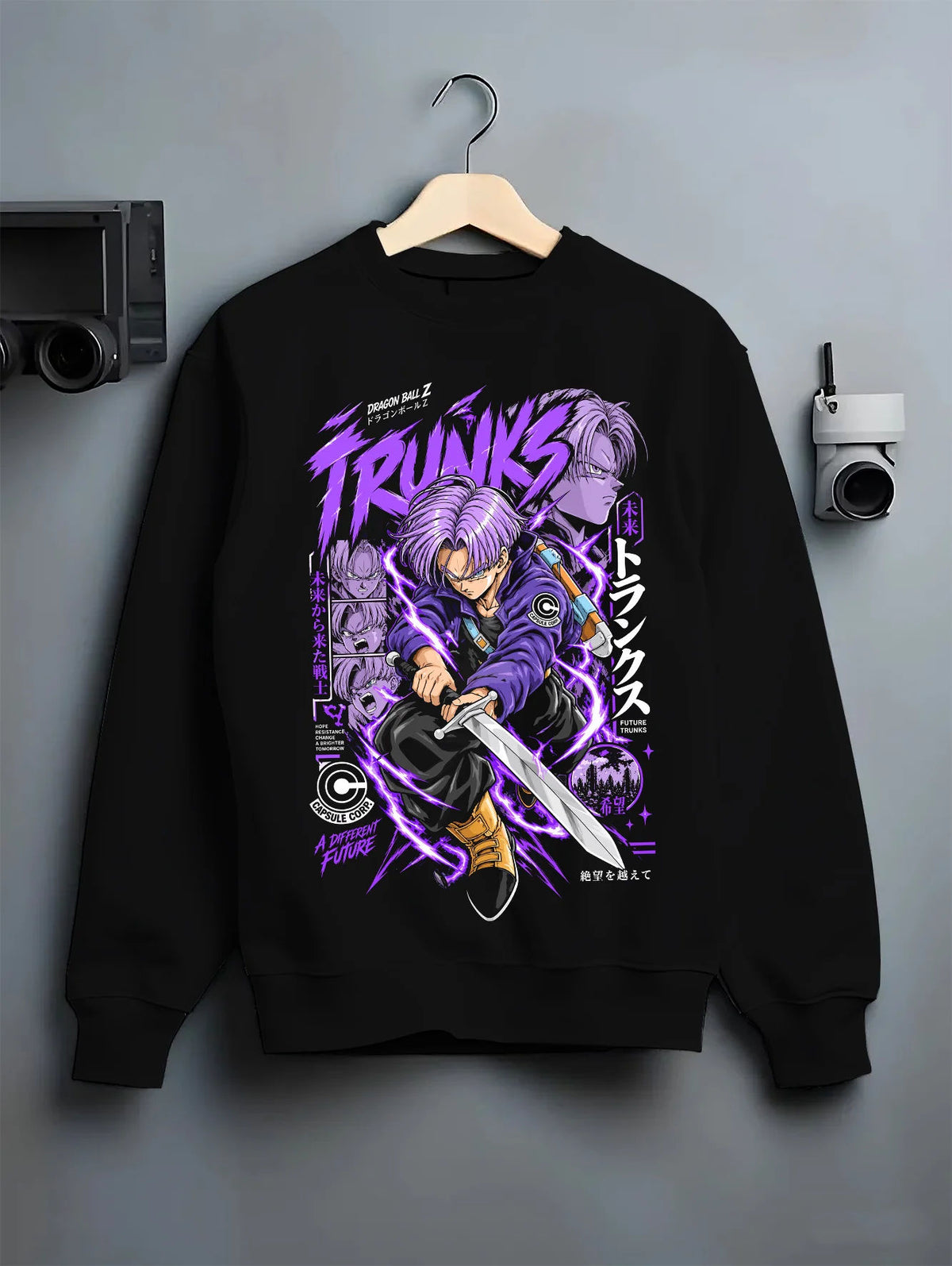 Black crewneck sweatshirt on hanger showing Future Trunks from Dragon Ball: sword action purple portrait