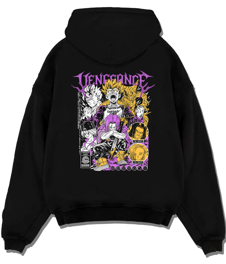Black hoodie flat back view showing Future Trunks from Dragon Ball: vengeance character collage