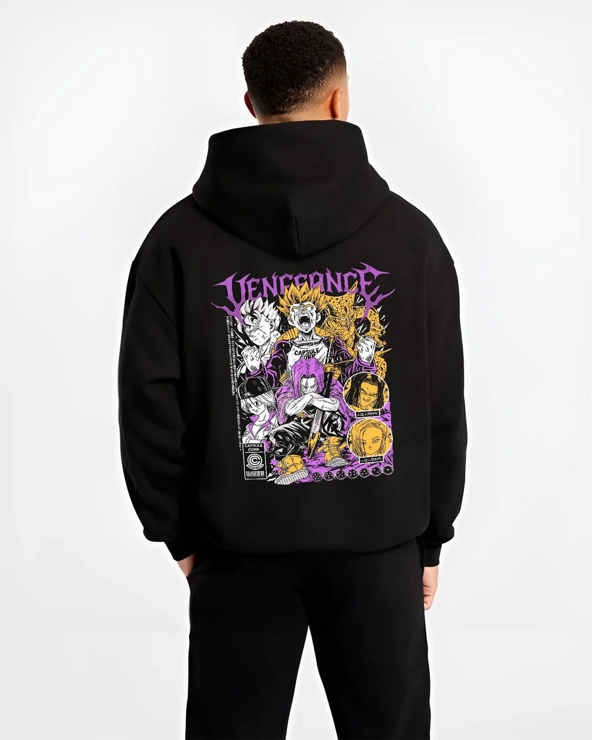 Black hoodie model back view showing Future Trunks from Dragon Ball: vengeance character collage