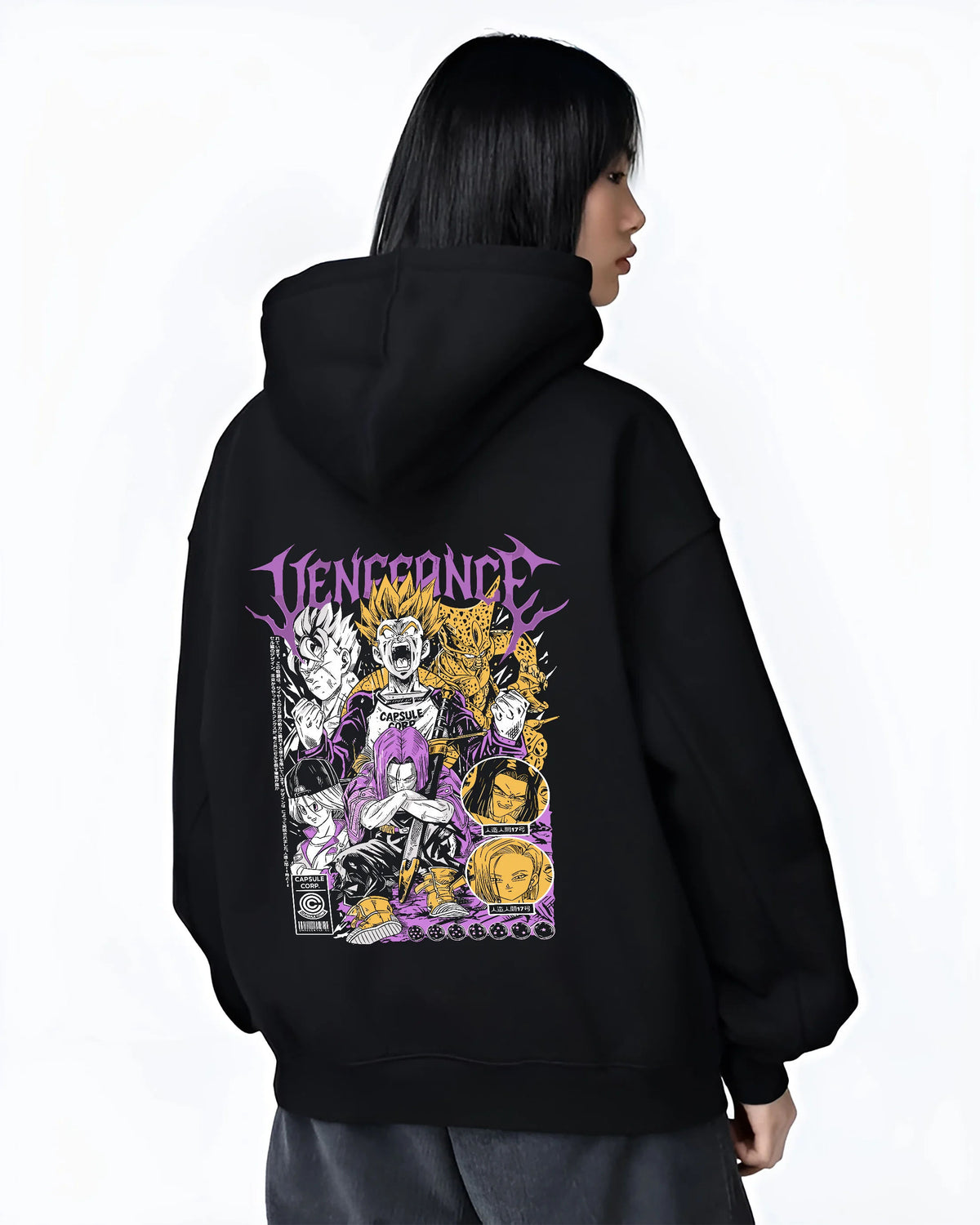 Black hoodie female model back view showing Future Trunks from Dragon Ball: vengeance character collage