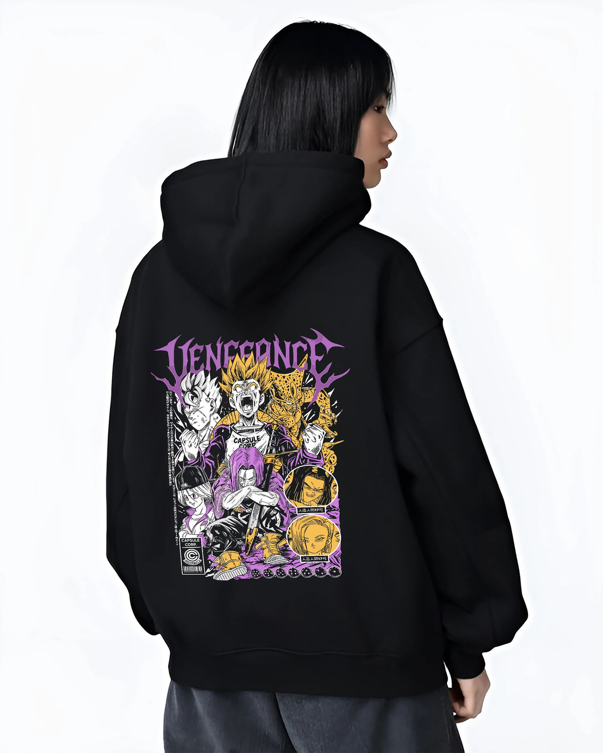 Black hoodie female model back view showing Future Trunks from Dragon Ball: vengeance character collage