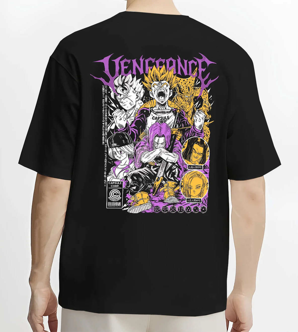 Black T-shirt model back view showing Future Trunks from Dragon Ball: vengeance character collage