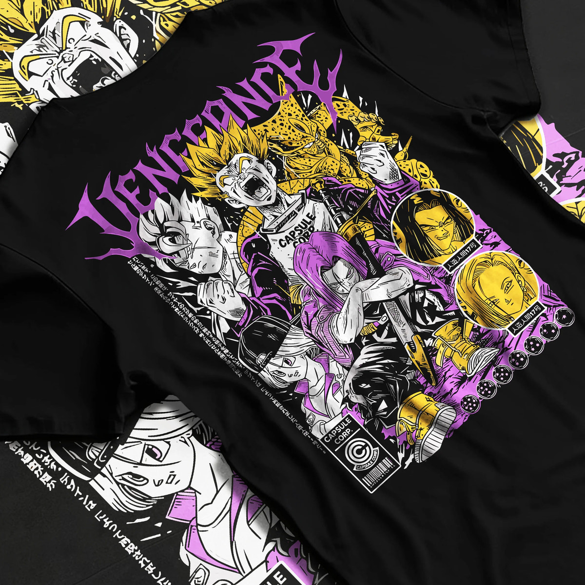 Black T-shirt flat back view showing Future Trunks from Dragon Ball: vengeance character collage