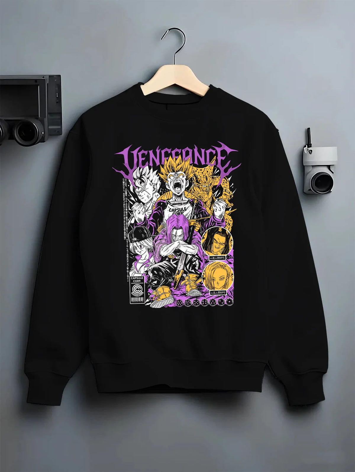 Black crewneck sweatshirt on hanger showing Future Trunks from Dragon Ball: vengeance character collage