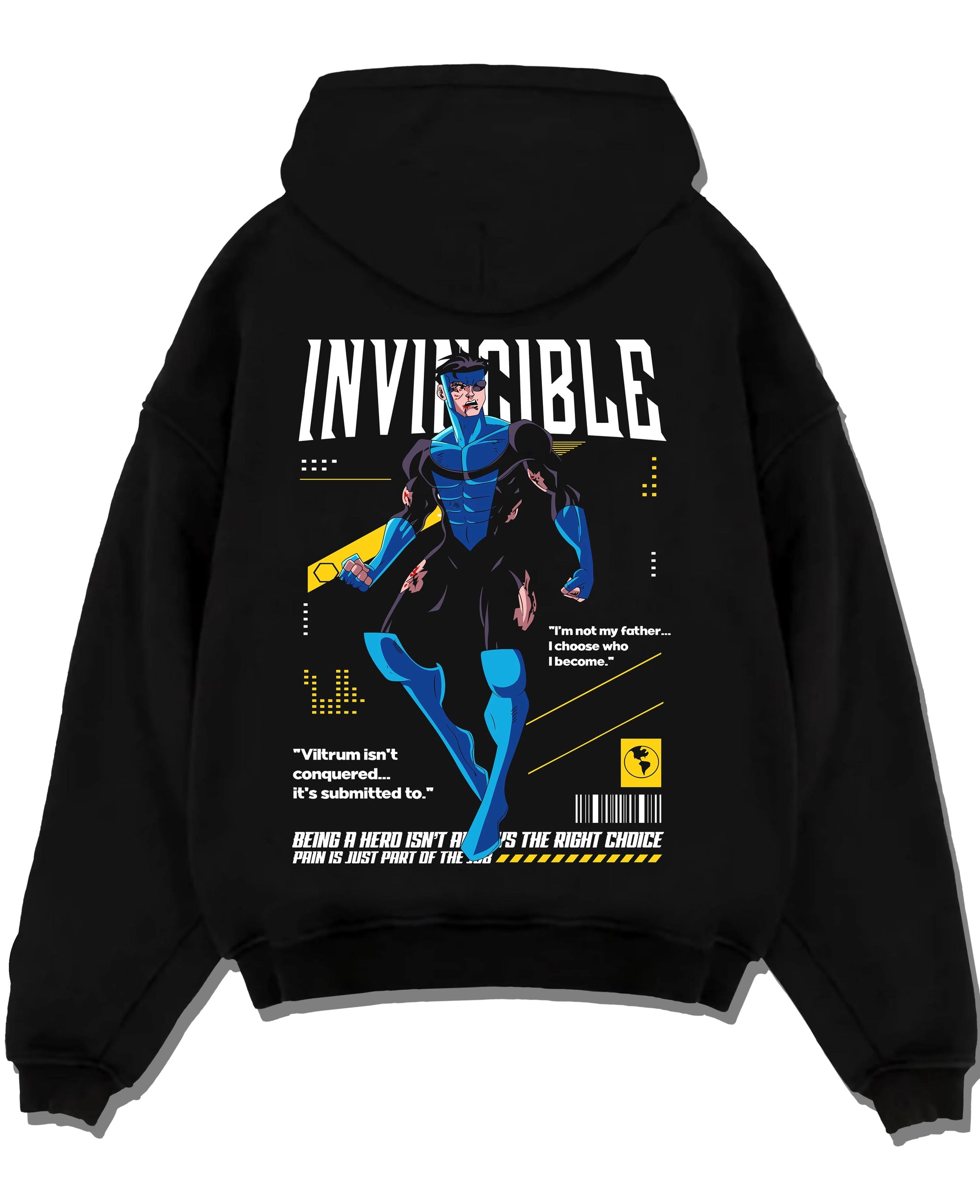 Black pullover hoodie laid flat with Invincible Hoodie Omni Man Mark Grayson Superhero graphic premium wear.