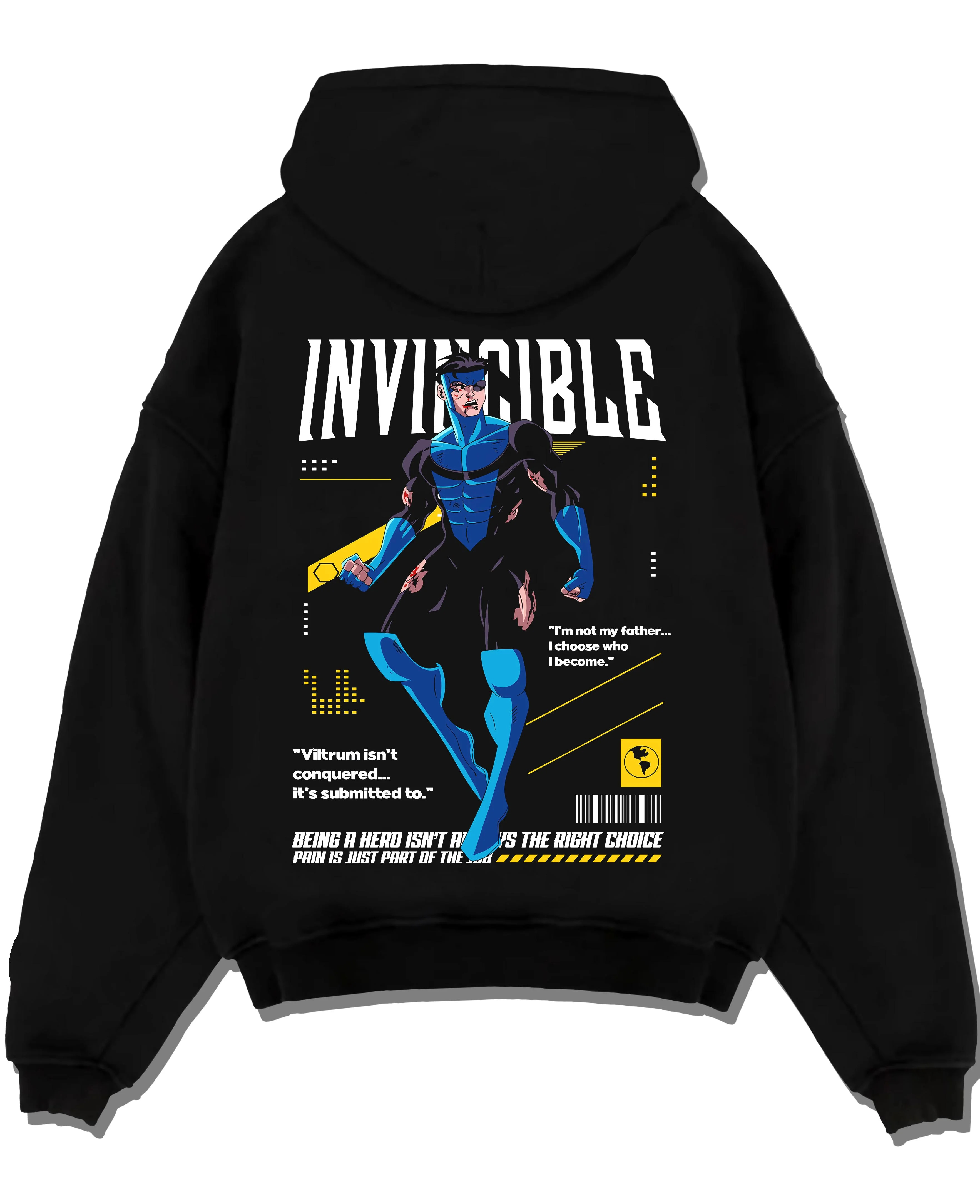 Black pullover hoodie laid flat with Invincible Hoodie Omni Man Mark Grayson Superhero graphic premium wear.