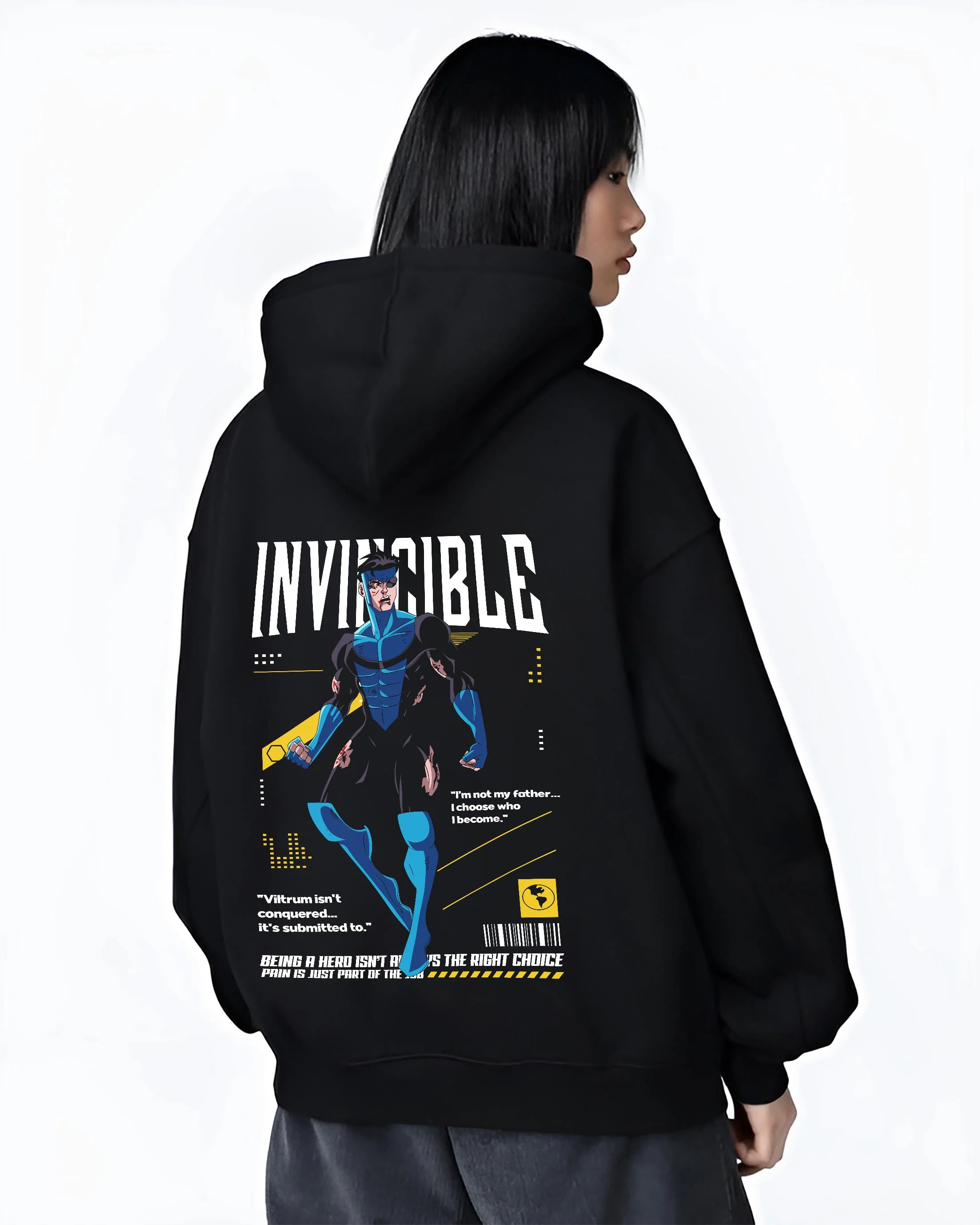 Black hoodie worn by female model, back view with Invincible Hoodie Omni Man Mark Grayson Superhero graphic streetwear graphic.
